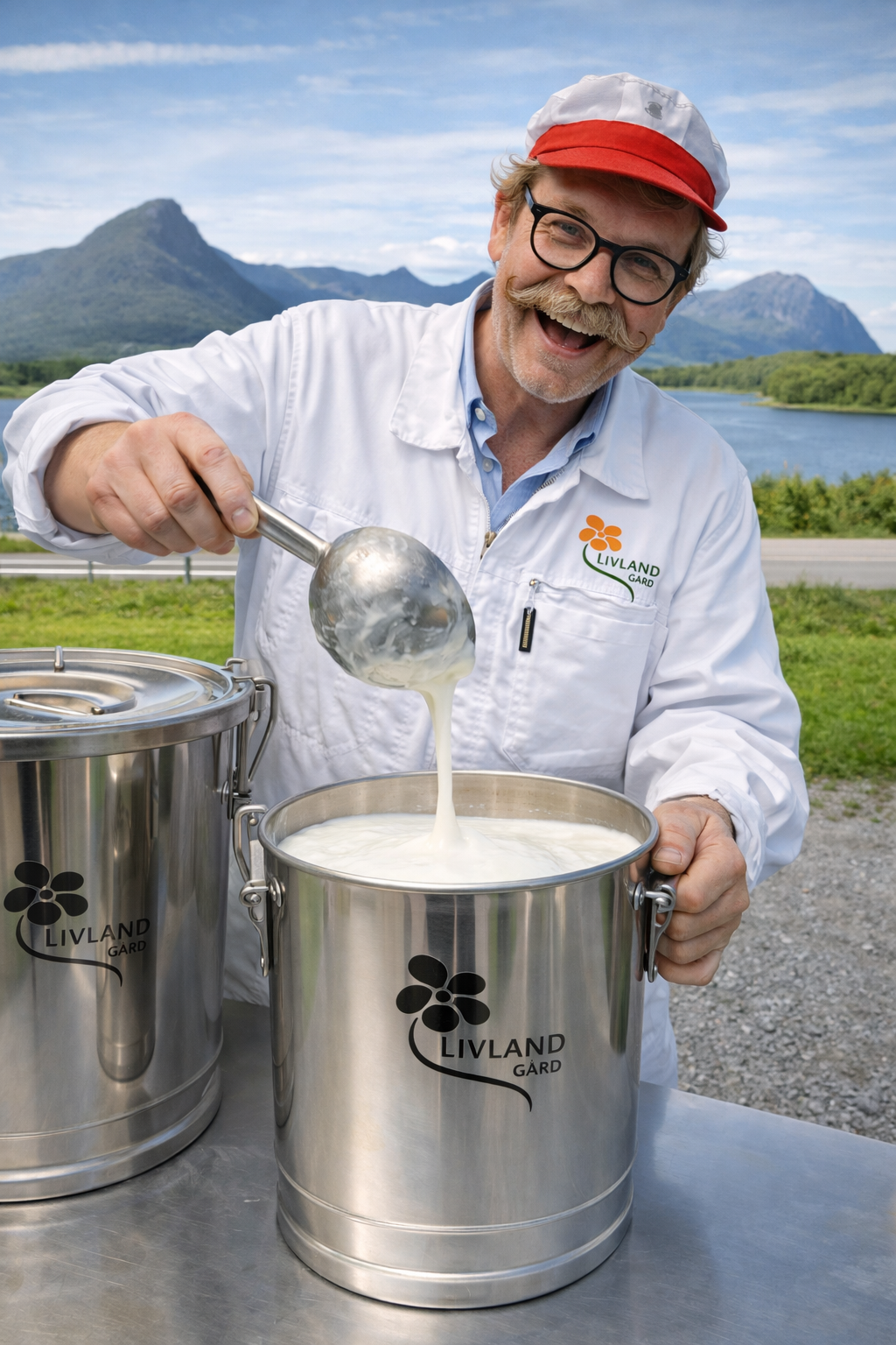 Roy øser yoghurt i det lille meieriet på Livland Gård